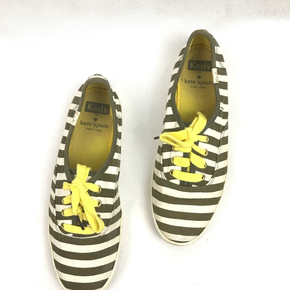 KEDS KATE SPADE Women's Size 6 Stripes Yellow Laced Sneakers Shoes Olive White